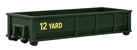 12-yard lowboy dumpster container, green, side view