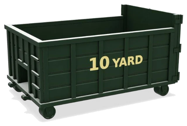 10-yard roll-off dumpster container, green, side view