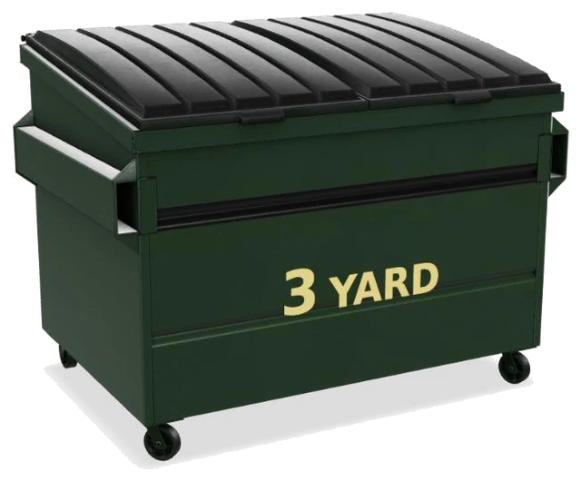 3-yard roll-off dumpster container, green, side view