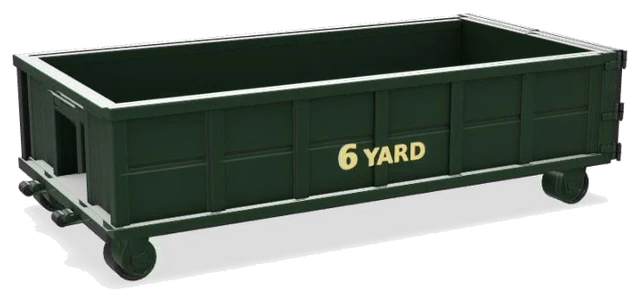 6-yard lowboy dumpster container, green, side view